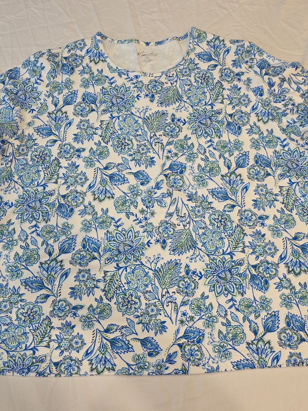 Women’s Floral Tee - White w Blue & Green Kim Rodgers 3X 100% Cotton Tee Summer